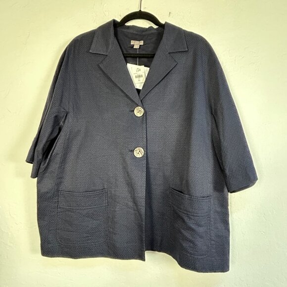 J. Jill Womens XL Ink Blue Silk & Cotton Textured Jacket Two-Button Pockets New - Picture 1 of 9